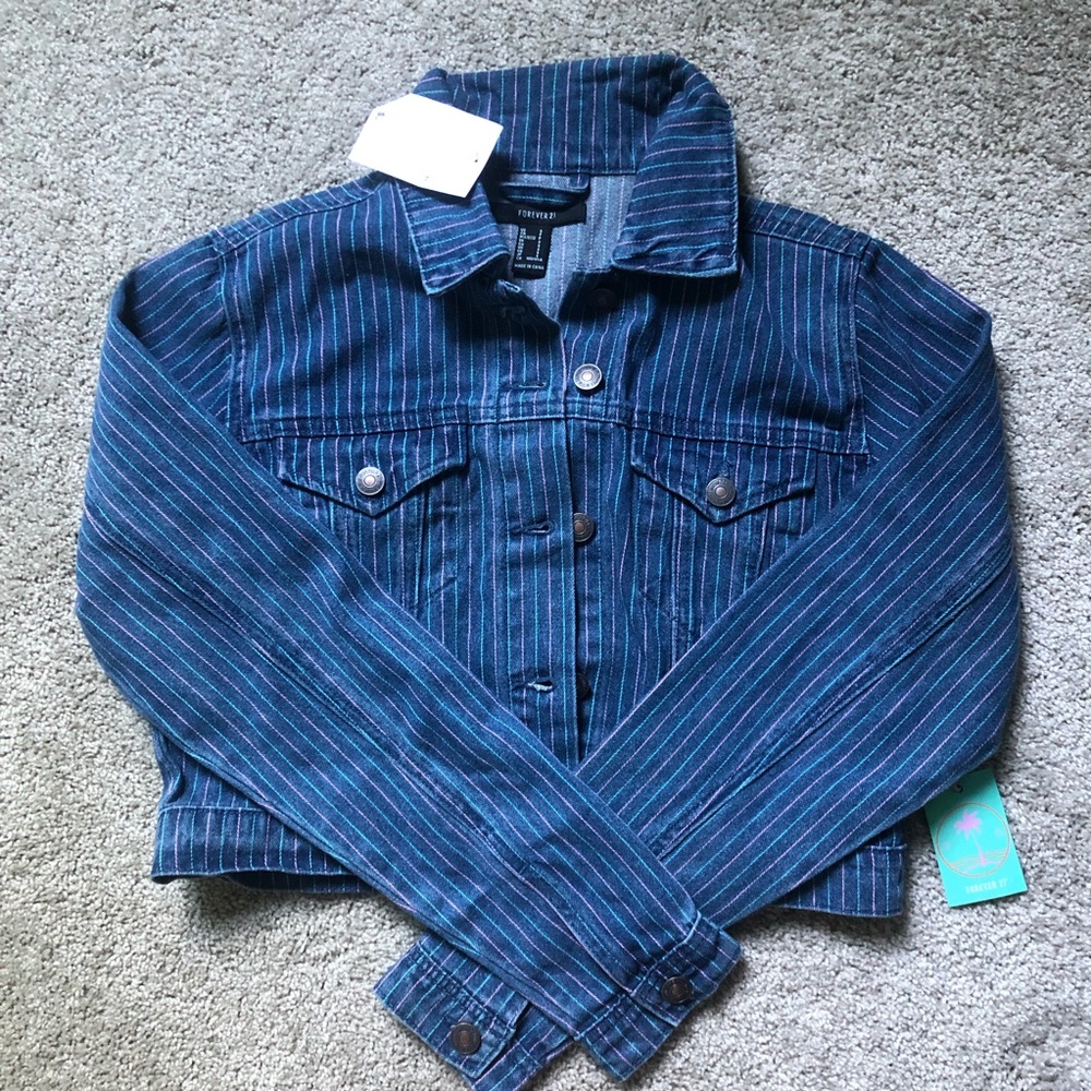 Forever 21 Cropped Stripped Jean Jacket